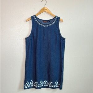 AGAPO Women Large Vintage 90s Cotton Denim Embroidered Sleeveless Shift‎ Dress